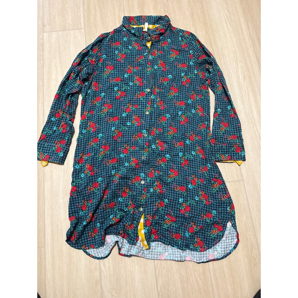 Matilda Jane Womens Floral Gingham Shirt Dress Blue Red Long Sleeve Rayon Large